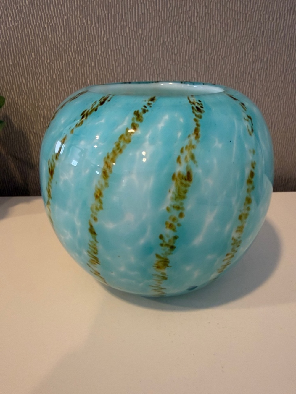 Aqua Blue Art Glass Vase with Olive Accent Stripes